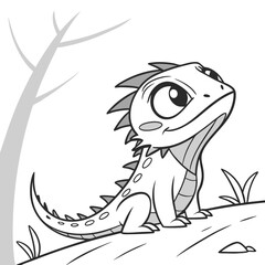 Adorable Cartoon Lizard Black and White Curious Expression Childlike Style Nature Background