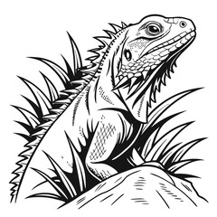 Iguana Reptile Monochrome Line Art Illustration Majestic Pose Tropical Setting