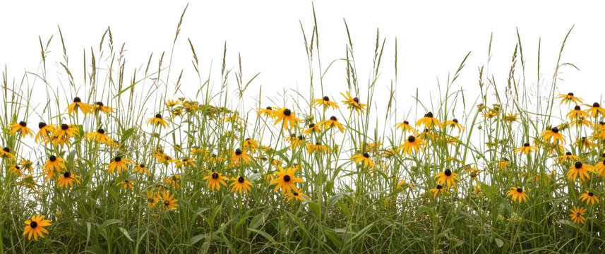 Field of blooming yellow black eyed Susans with tall green grasses and seed heads