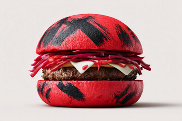 A photorealistic burger with ink-wash-inspired red bun and black brushstroke patterns