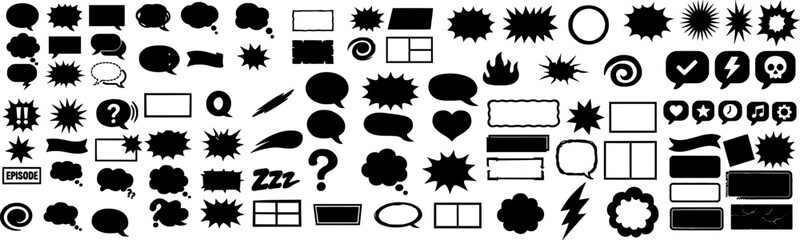 Comic Speech Bubble and Action Icon Stroke Collection Containing speech, thought, burst, explosion, and dialogue icons. Editable stroke icon set with bold outline design.