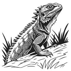 Intricate Black and White Lizard Illustration  Powerful Majestic Reptile in Natural Habitat Vector Graphic