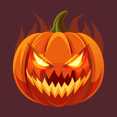 Fototapeta premium Scary jack o lantern with glowing eyes and fiery flames on a dark background