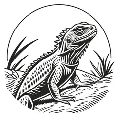 Serene Black and White Lizard Illustration  Vintage Style Reptile in Natural Habitat