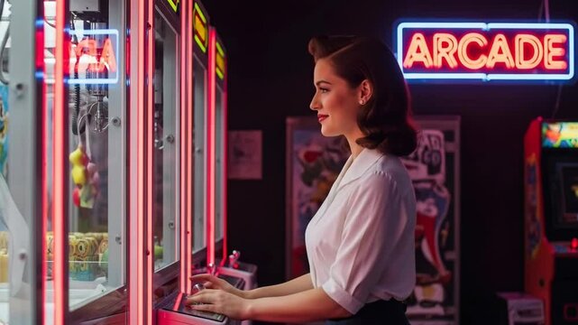 Woman enjoying claw machine game at retro arcade with neon lights and colorful prizes for entertainment and nostalgic experiences