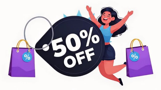 Big 50 Percent Off Sale-Happy Woman Shopping-Deals and Discounts on Fashion-Limited Time Offer-Get Your Shopping Bags Ready-Shop Now and Save Today