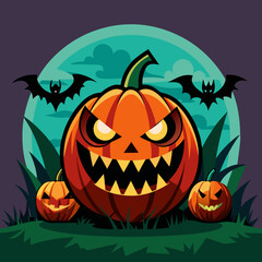 Spooky halloween jack o lanterns with bats and full moon