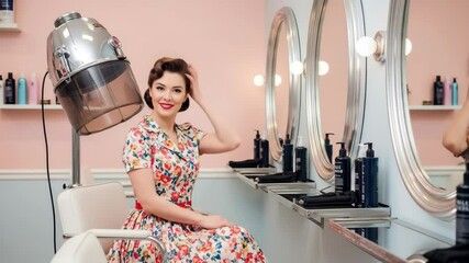 Vintage hair salon scene featuring a woman with floral dress and retro hairdryer for beauty and personal care marketing
