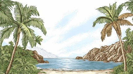 Tropical beach scene with palm trees and rocky coastline.