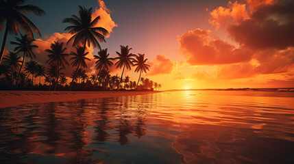 Tropical beach sunset with palm trees, orange sky reflection in calm sea, 