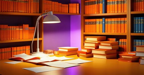 Fototapeta premium Bookshelves filled with orange books. Lamp illuminates papers, stacks on desk. Warm tones create cozy study space.