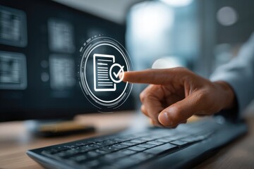 Person's finger touches a digital document with a checkmark