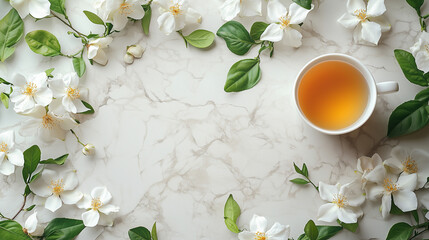 Aromatic jasmine tea in a cup, flowers and leaves on a white marble table, flat lay. Space for text.