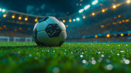 Ball on the green field of a football stadium. Ready for play in the center of the field, soccer ball close-up.
