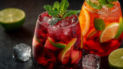 Refreshing red and orange fruit cocktails with lime, mint, and ice cubes on a dark surface. AI generation.