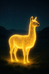 Obraz premium Fiery illuminated llama figure against black backgroundMystical flame-formed llama glowing in darkness