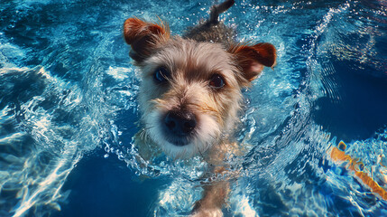  Underwater view of a dog swimming toward the camera in a clear blue pool. AI generation.