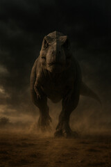 Fototapeta premium Tyrannosaurus rex charging through dust in dark landscapeFerocious T-Rex running forward under stormy sky