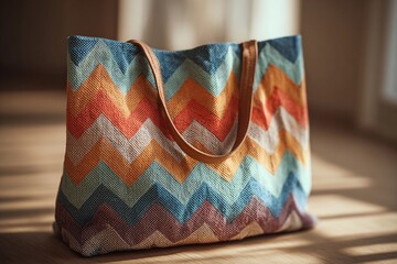 Charming Boho Bag With Chevron Pattern Resting in Sunlit Living Room Generative AI