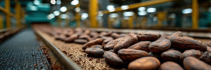 Cocoa beans drying on a conveyor belt in a processing facility during the afternoon hours