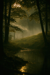 Fototapeta premium Enchanted forest with mist and stream at dawnMysterious woodland scene with morning fog and light