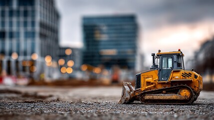 Bulldozer parked right, construction zone defocused in background, empty space for text 