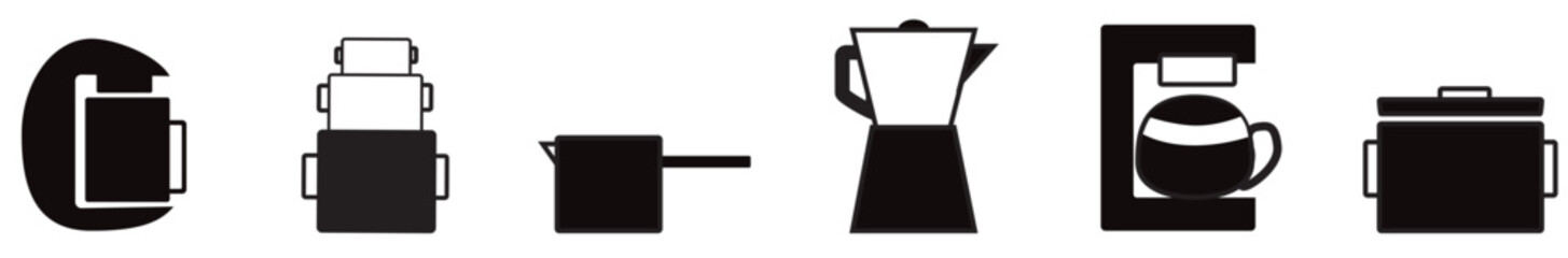 Set of different coffee machines images. Flat isolated colorful icons, Different kitchen appliances and coffee maker vector icons. Vector illustration.