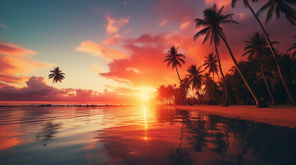 Obraz premium Tropical beach sunset with palm trees, orange sky reflection in calm sea, 