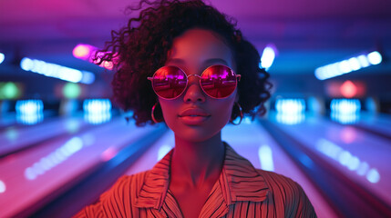 Woman in bowling. Futuristic style. Woman having fun while playing bowling.