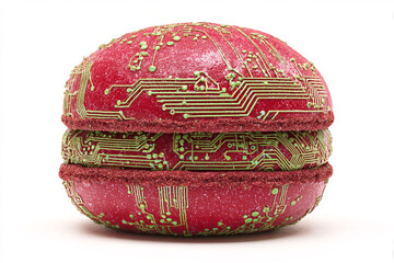 A photorealistic burger with cyberpunk-inspired red bun and neon green circuit patterns