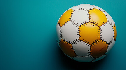 Minimalistic flat lay image of leather soccer ball on blue and turquoise background with space for text and composition on the right.
