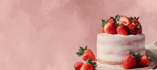 Cake with strawberries on right, soft pastel dessert backdrop, space on left 