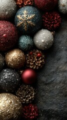 Obraz premium Beautifully arranged Christmas ornaments and decorations on a dark surface, showcasing festive colors and textures