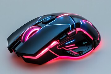 A futuristic black gaming mouse with vibrant pink and blue neon lighting