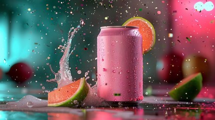 Refreshing Pink Drink Can with Citrus Slice and Sparkling Water Splash for Celebration and Vibrant Summer Feeling against Colorful Abstract Backdrop