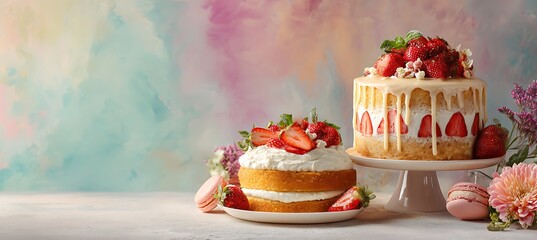 Cake with strawberries on right, soft pastel dessert backdrop, space on left 