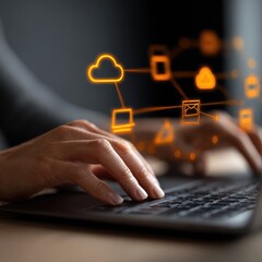 Hands typing on laptop, cloud computing icons overlay
