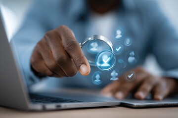 Person uses magnifier to examine digital profile icons