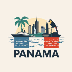 Flat vector design of Panama city skyline, ships, palm trees and national flag colors, with a toucan perched beside