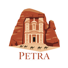 Petra vector with camel caravan and iconic carved rock temple. Warm desert tones and clean composition
