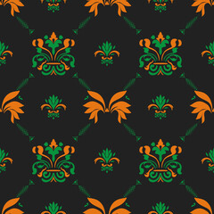 Elegant Damask Pattern Vector, Royal Green and Orange Ornament Design