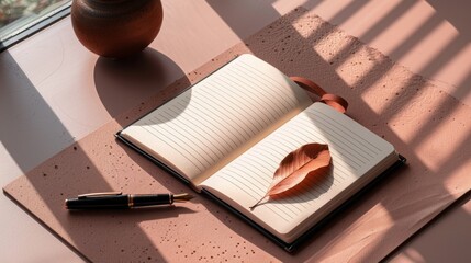 Serene Study Scene: Open Notebook with Autumn Leaf, Classic Pen, Clay Pot, and Sunlight Through Blinds Creating Warm Light