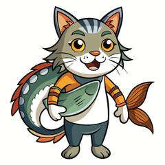 Fototapeta premium Cartoon cat with fish tail and fish
