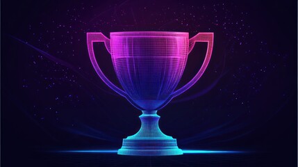 Abstract trophy, outlined in vibrant neon colors, against a dark background with digital effects