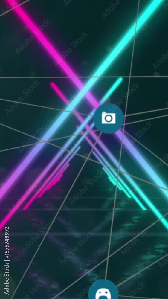 Poster animation of icons in circles connected with lines over illuminated looping triangular tunnel