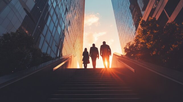Silhouettes of three people ascend modern city stairs at sunset
