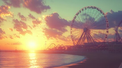 Sunset over a boardwalk amusement park. Blurry Ferris wheel and rides at beach