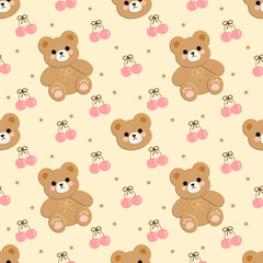 seamless pattern with bears and cherry background, fabric pattern, gift wrapping paper, notebook cover, phone case 