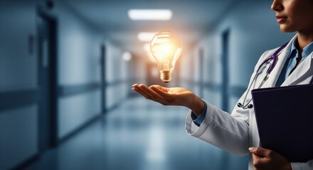 Illuminating Medical Insight: A medical professional holding a glowing lightbulb against the backdrop of a hospital corridor, symbolizes ideas, innovation, and groundbreaking medical advancement.
