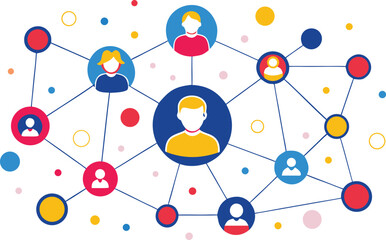 Abstract network of people icons connected by lines and circles